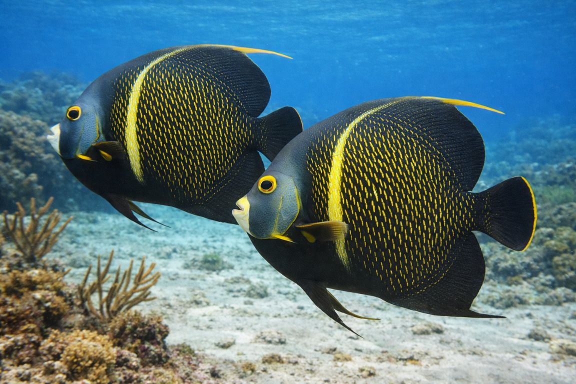 Pair of French angelfish swimming over sandy reef bottom in Cozumel photographed during a Cozumel Snorkeling Tours guided excursion.