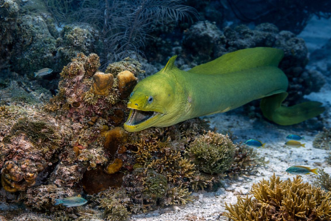 Green moray eel emerging from reef structure during a Cozumel Snorkeling Tours snorkeling experience in Cozumel.